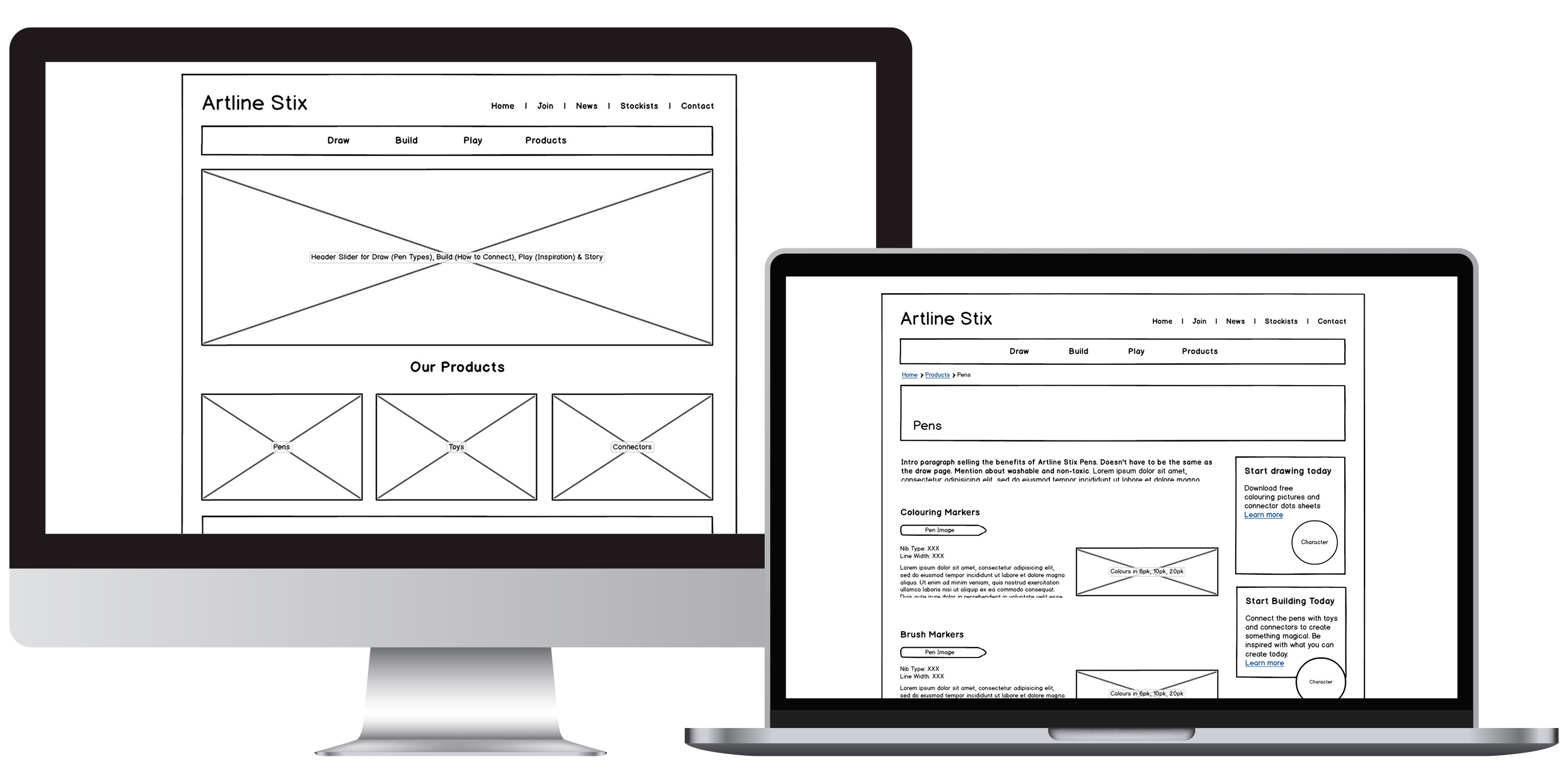 Artline Stix wireframes — desktop and mobile layouts